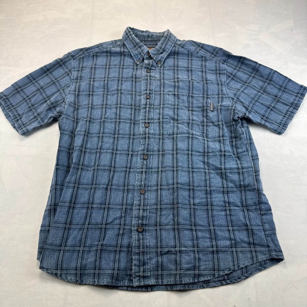 Woolrich Shirt Mens Large Blue Plaid Wool Short Sleeve Collared Button Down